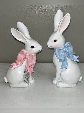 Hobby Lobby White Bunny Pair with Pink and Blue Bows